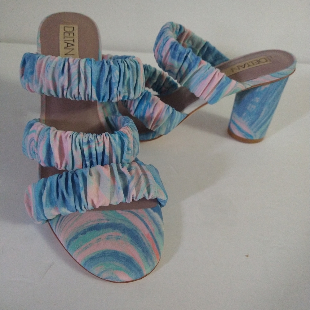 Women's blue and pink mules with round block heel, size 7.5